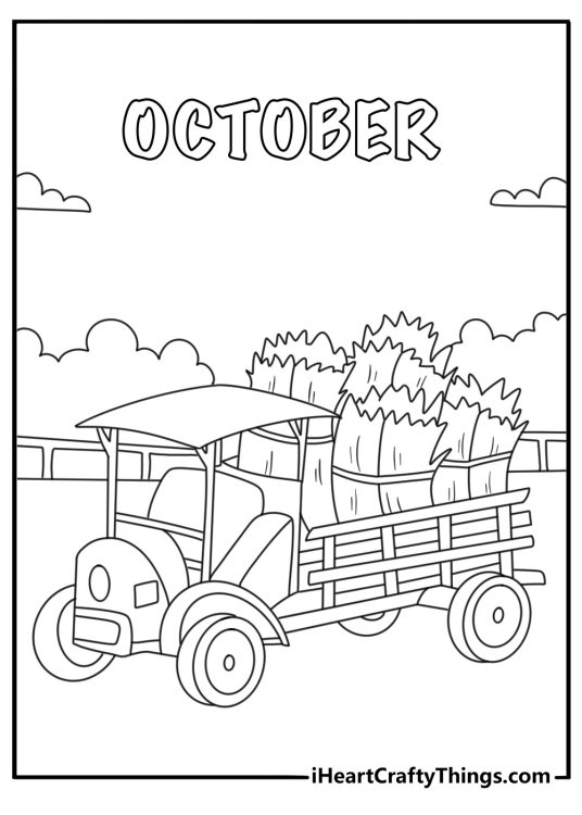 October coloring page showing a hayride wagon beside a country road