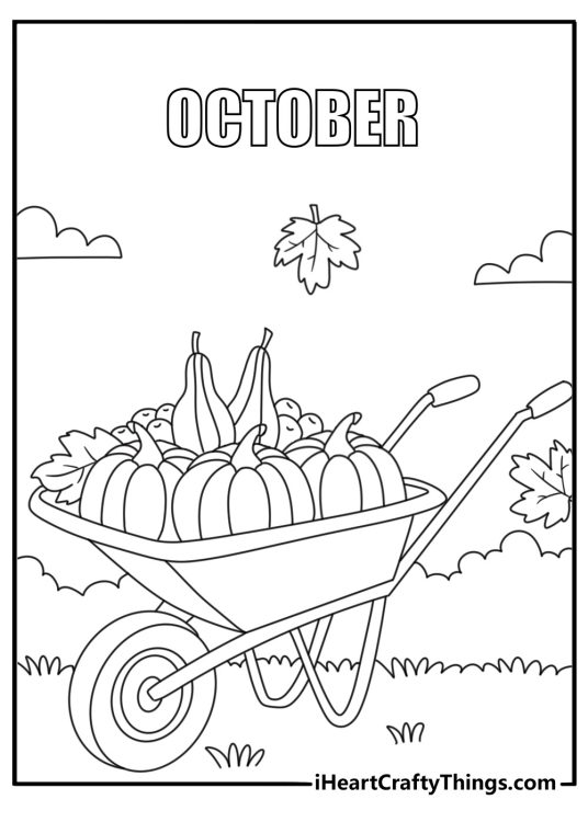 October coloring pages printable showing a wheelbarrow loaded with garden harvest