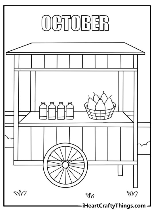 October coloring pages scene featuring a farm stand with pears and cider