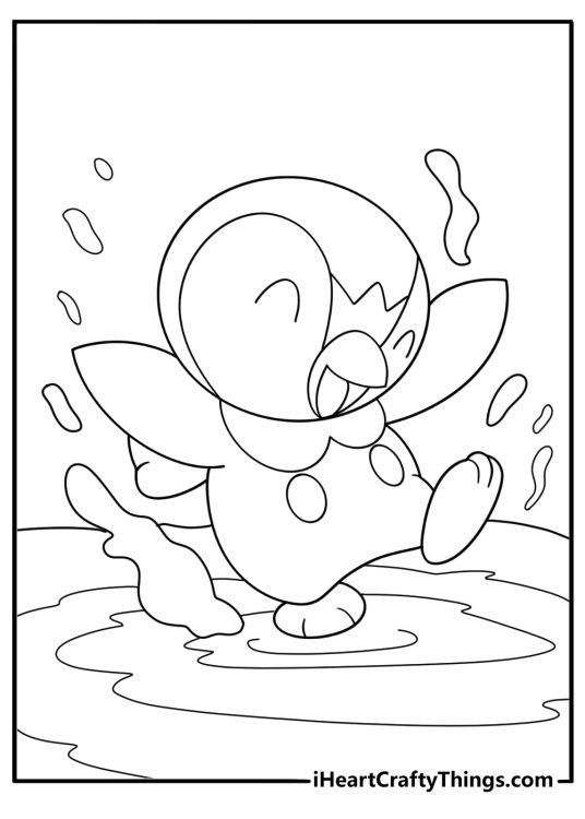 Piplup splashing in a puddle tiny droplets around