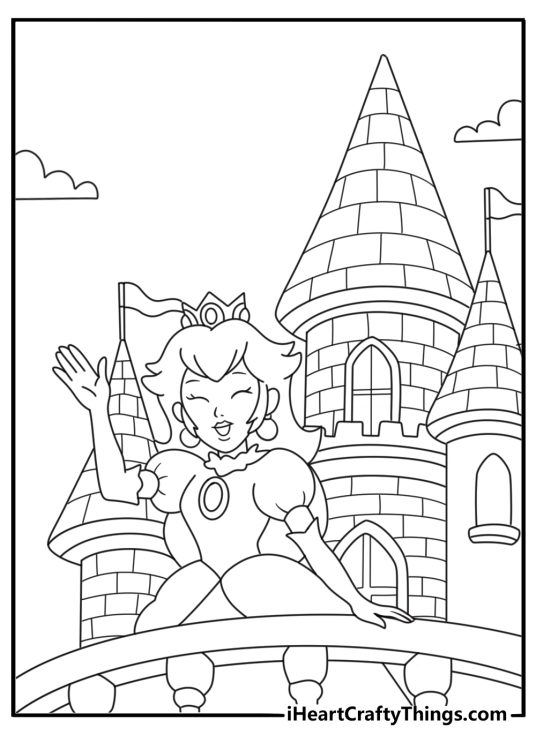 Princess Peach coloring page showing her castle balcony with heart banners