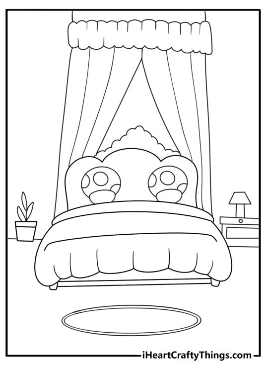 Princess Peach coloring pages scene featuring a royal bedroom with mushroom pillows
