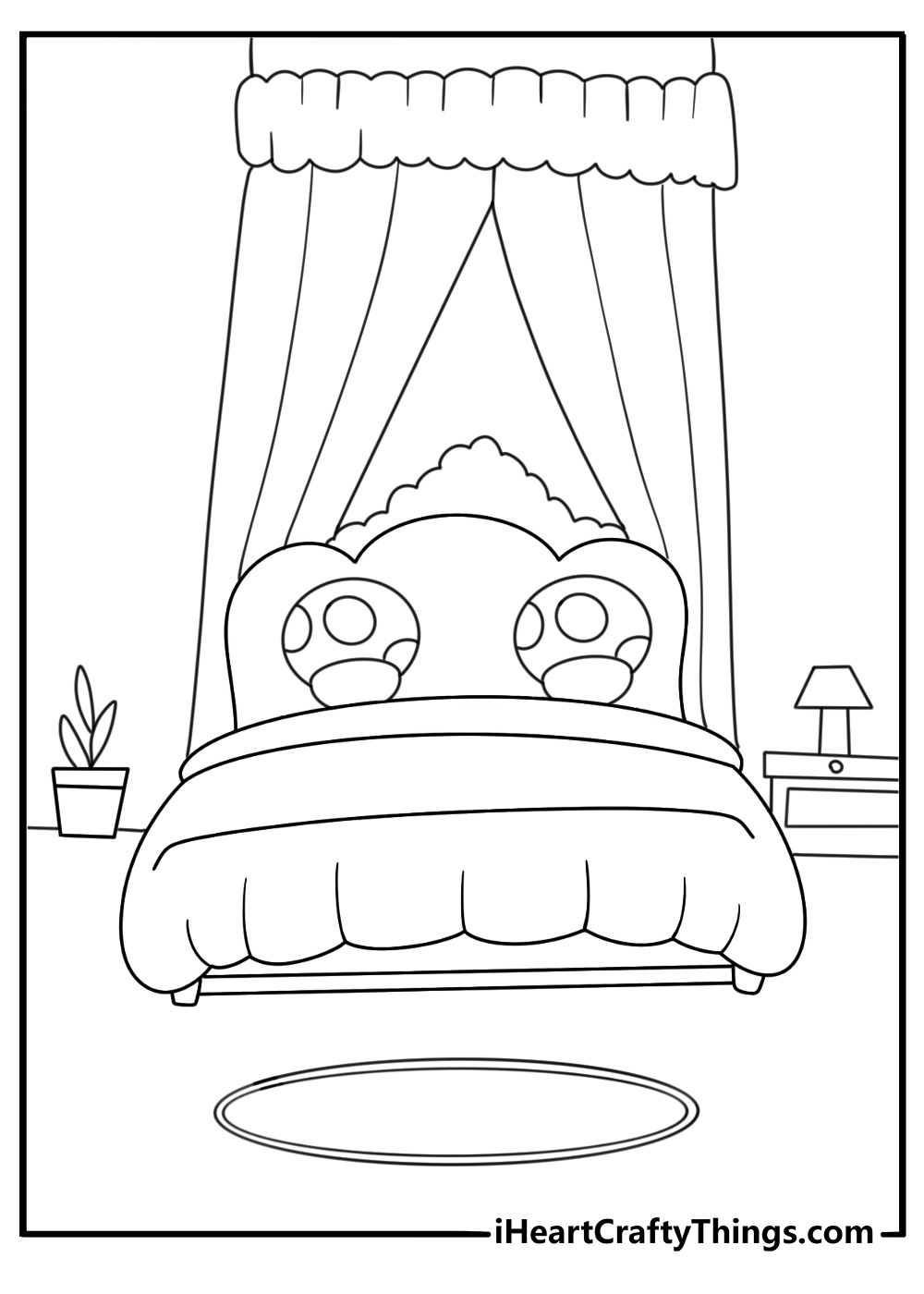 Princess Peach coloring pages scene featuring a royal bedroom with mushroom pillows
