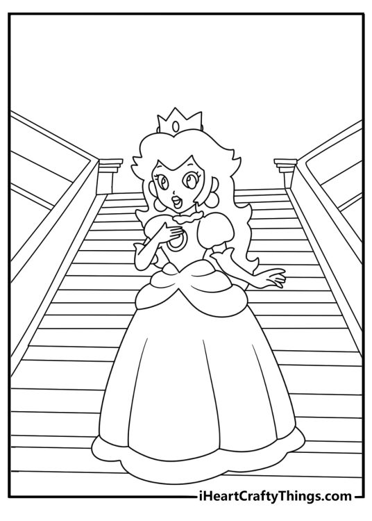 Princess Peach stands beside a grand castle staircase in this printable page