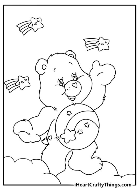 Printable Care Bears coloring page with Wish Bear beside a shooting star