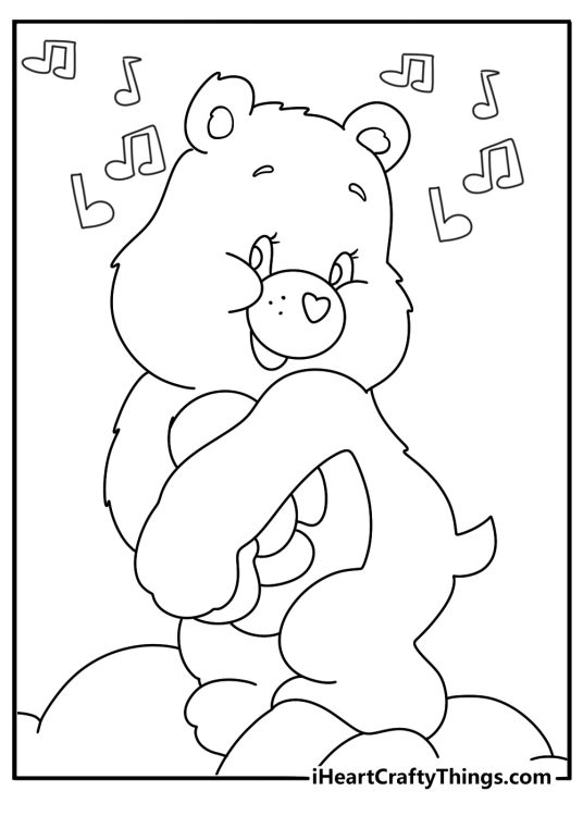 Printable Care Bears coloring sheet showing Harmony Bear beside a music note path