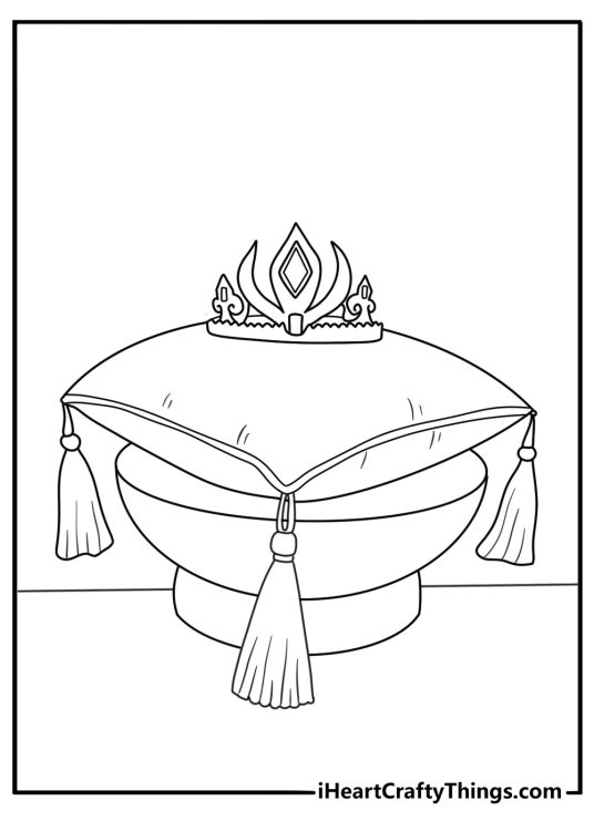 Printable Elsa coloring page with a snow queen crown on a velvet cushion