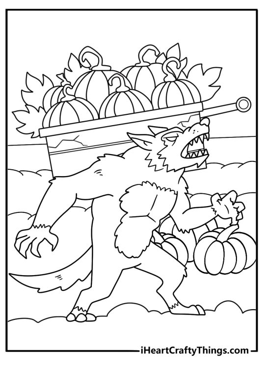 Printable Halloween page featuring a werewolf near a broken wagon