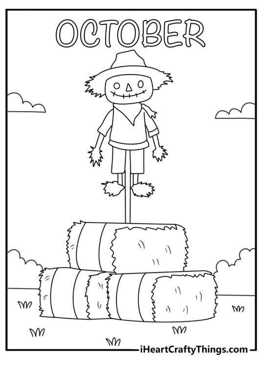 Printable October page with a scarecrow beside stacked hay bales