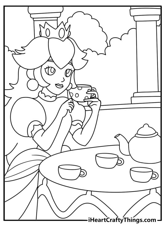 Printable Princess Peach coloring page with a tea table in the castle garden