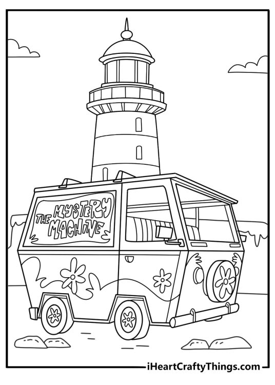 Printable Scooby Doo page with the Mystery Machine parked by a lighthouse