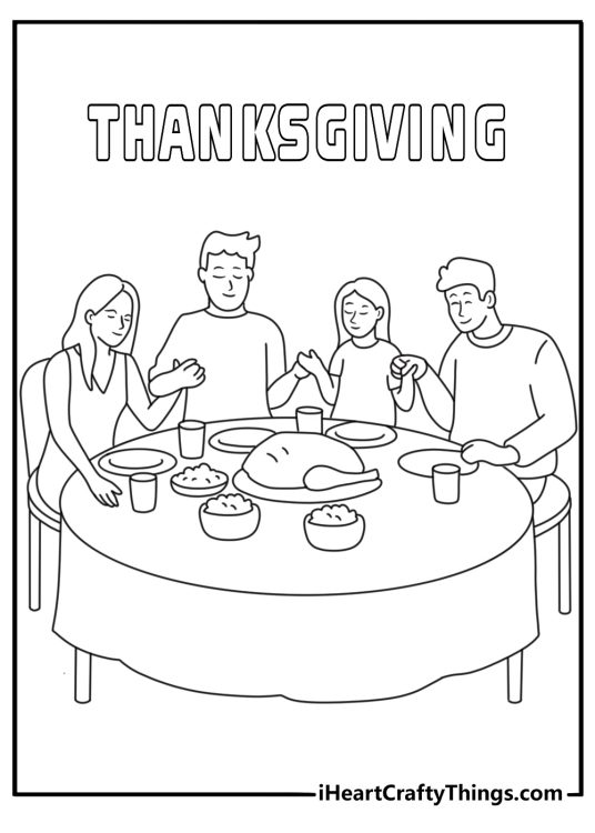 Printable Thanksgiving page showing a family saying thanks before dinner
