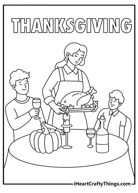 Printable Thanksgiving scene showing a family carrying covered dishes into a home
