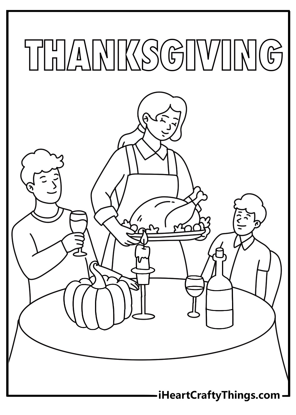 Printable Thanksgiving scene showing a family carrying covered dishes into a home