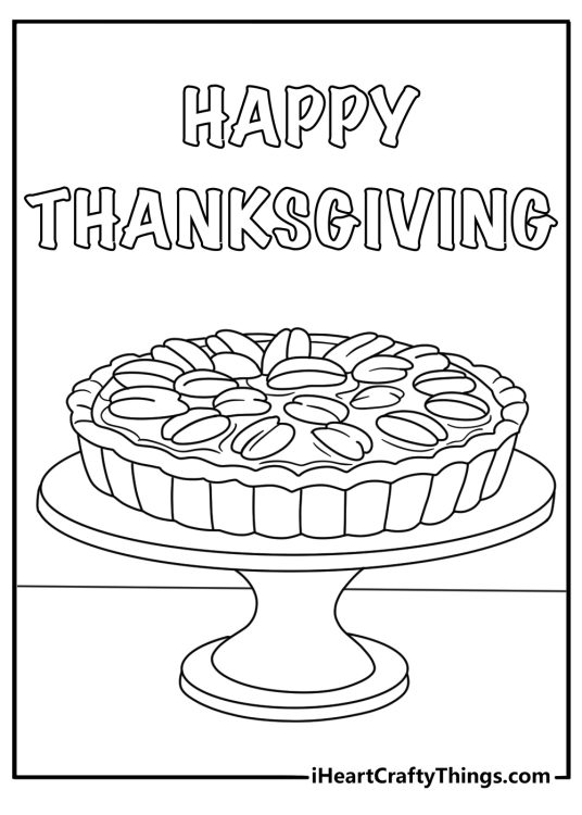 Printable Thanksgiving sheet featuring a pecan pie on a cake stand