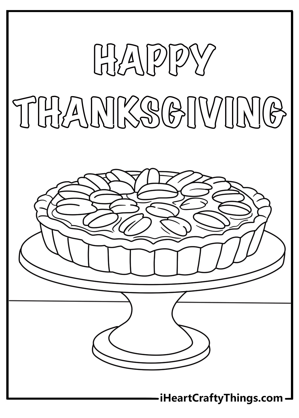 Printable Thanksgiving sheet featuring a pecan pie on a cake stand