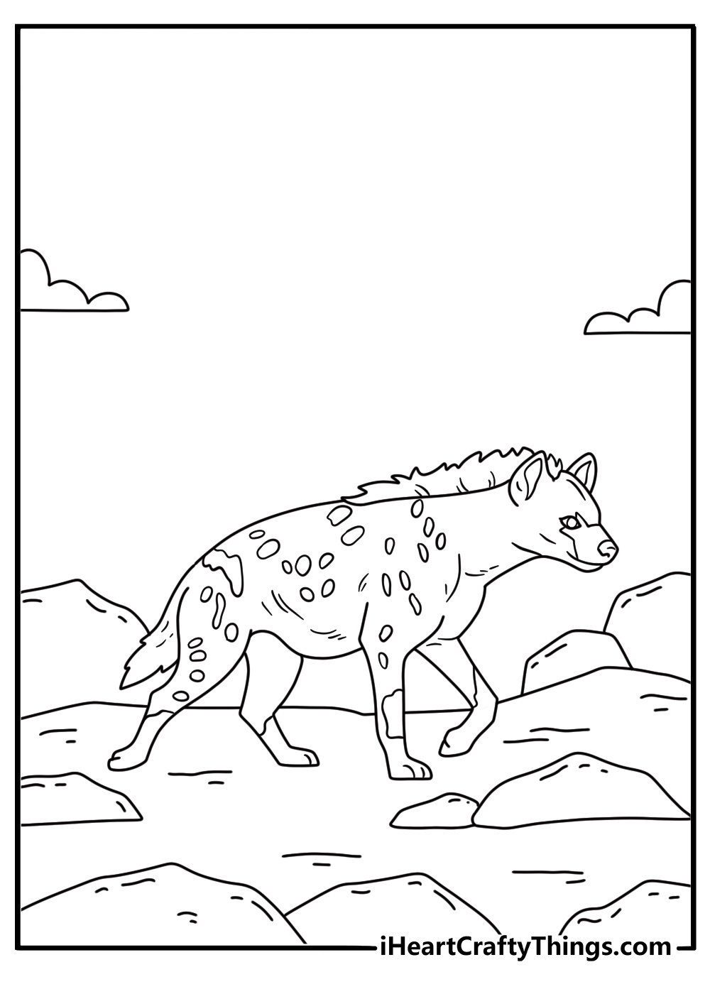 Printable animal page featuring a hyena walking across rocky land