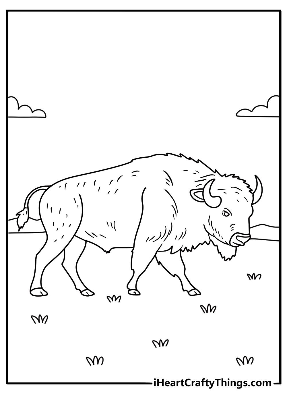 Printable animal sheet featuring a bison crossing an open prairie