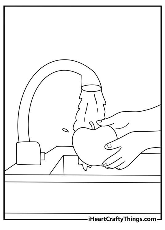 Printable apple page showing fruit being washed in a sink