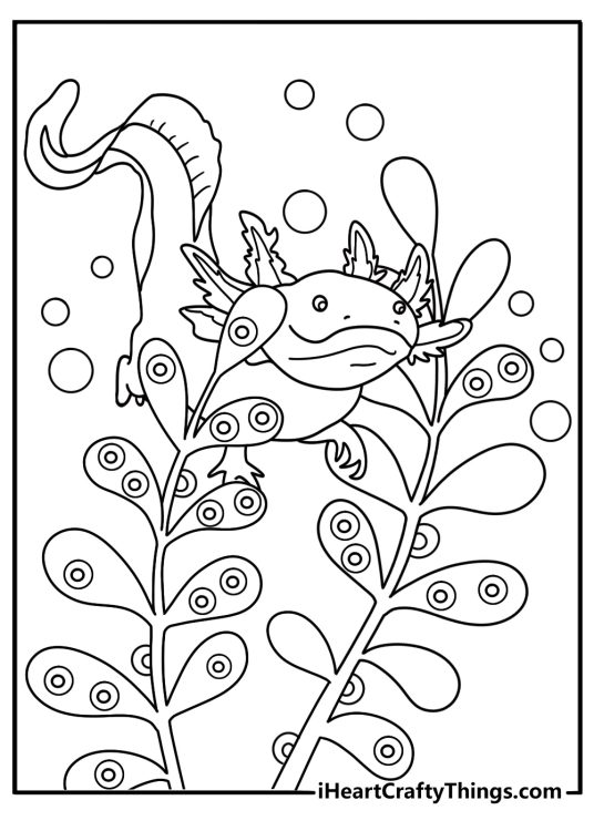 Printable aquatic animal sheet featuring axolot eggs attached to a plant stem