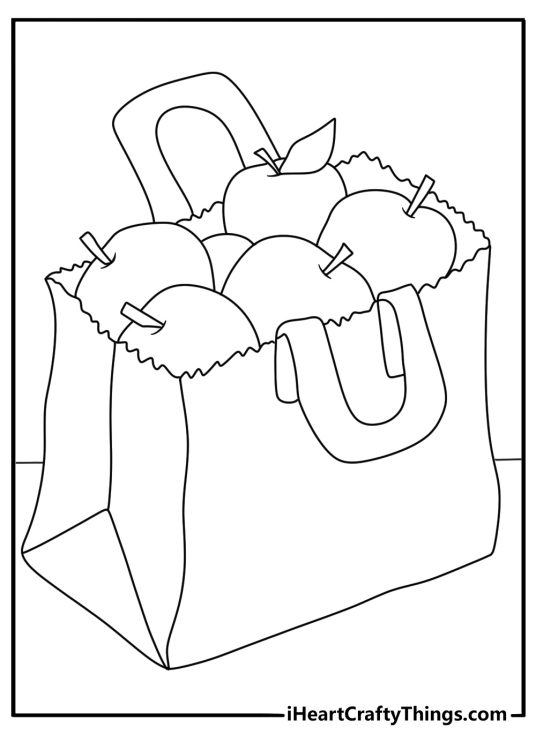 Printable autumn page showing apples packed inside a paper grocery bag