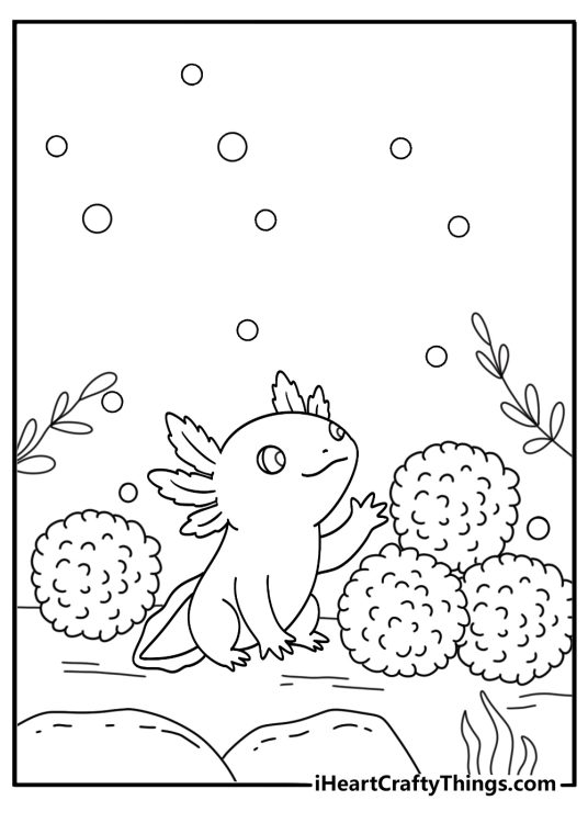 Printable axolotl coloring sheet showing a juvenile beside a moss ball