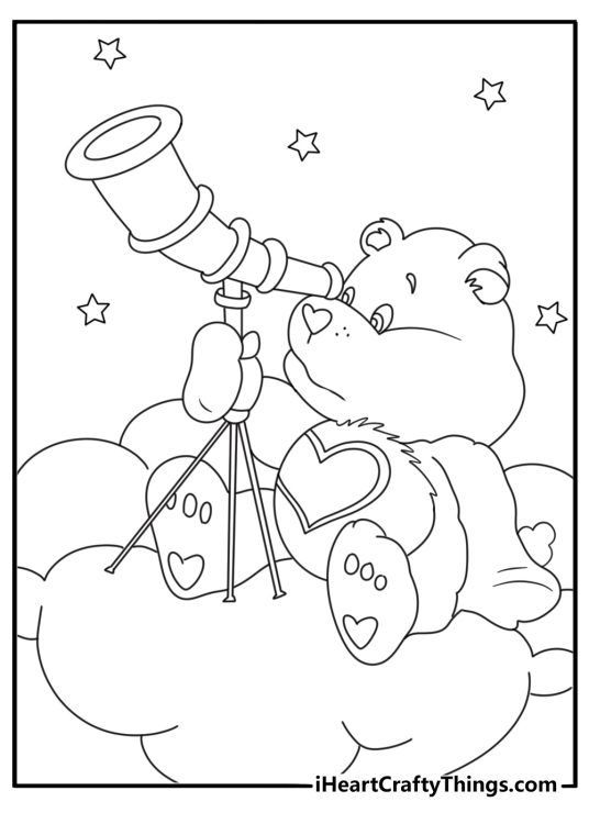 Printable cartoon bear coloring page showing Wish Bear near a telescope