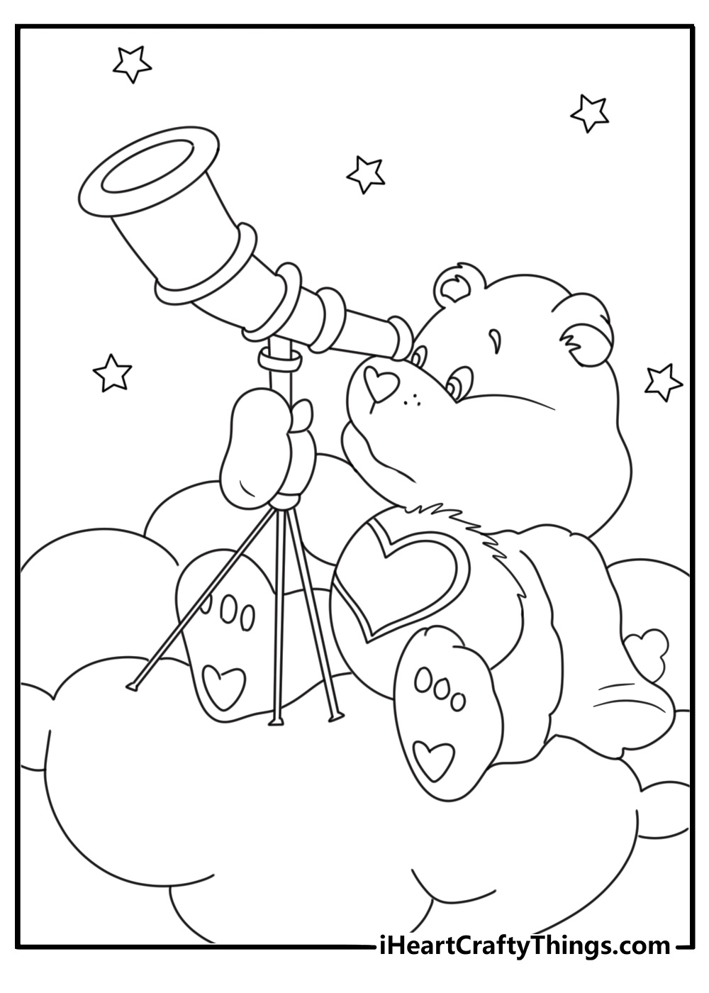 Printable cartoon bear coloring page showing Wish Bear near a telescope