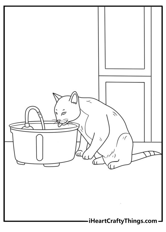 Printable cat sheet featuring a kitten drinking from a water fountain
