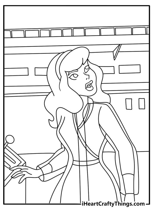 Printable coloring page featuring Daphne near a spooky carnival ride