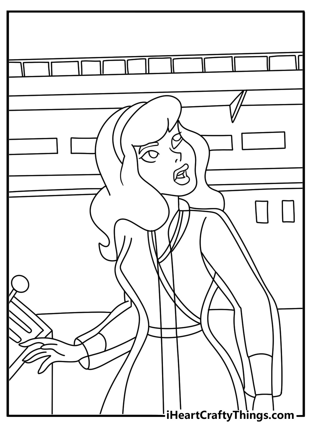 Printable coloring page featuring Daphne near a spooky carnival ride
