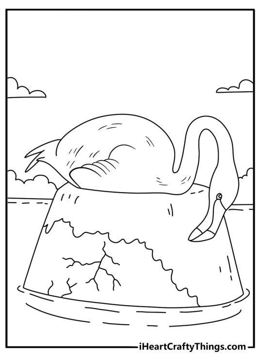 Printable flamingo coloring page with a nest built from wet mud