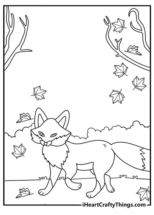 Printable fox coloring page with an animal walking through autumn leaves