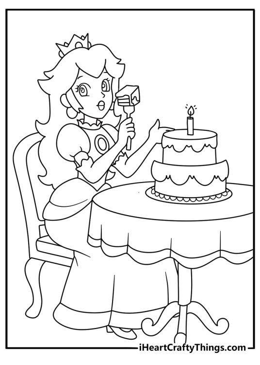 Printable game princess coloring sheet showing Peach beside a giant cake