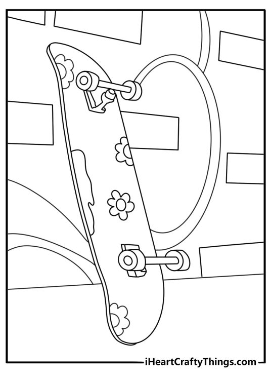 Printable graffiti page showing a skateboard beside painted walls