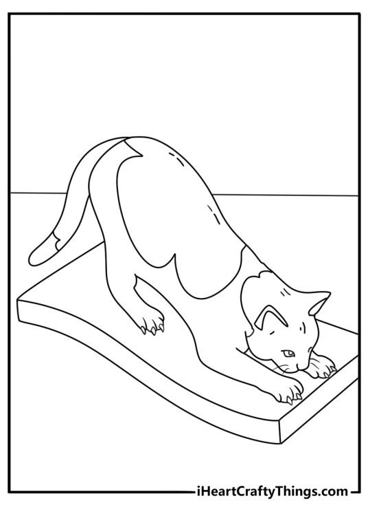 Printable kitten coloring page showing a cat scratching a cardboard pad