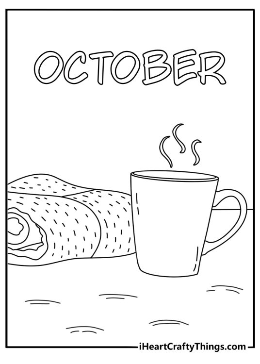 Printable month coloring page showing a warm mug beside a folded blanket