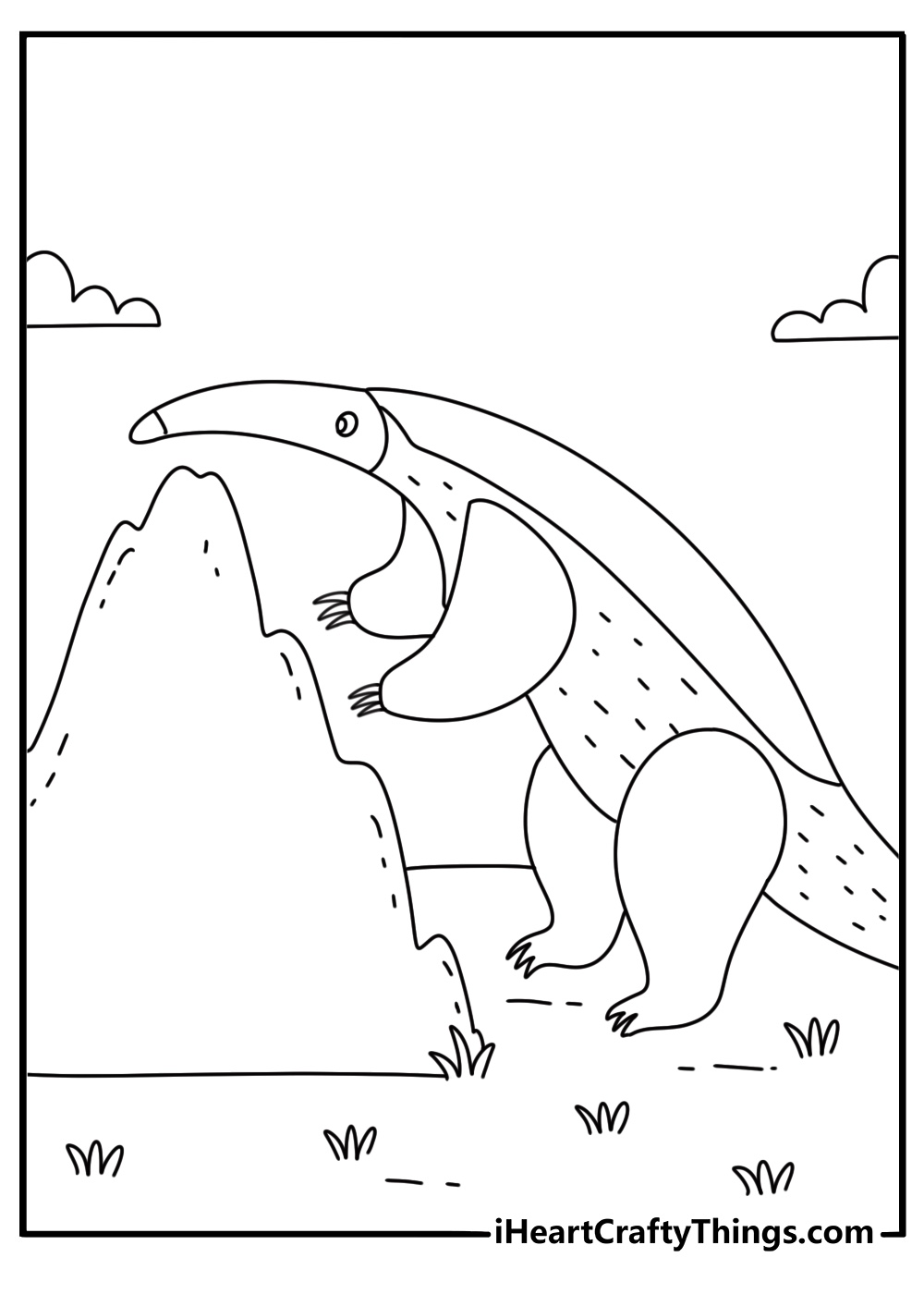 Printable nature page showing an anteater searching near an anthill