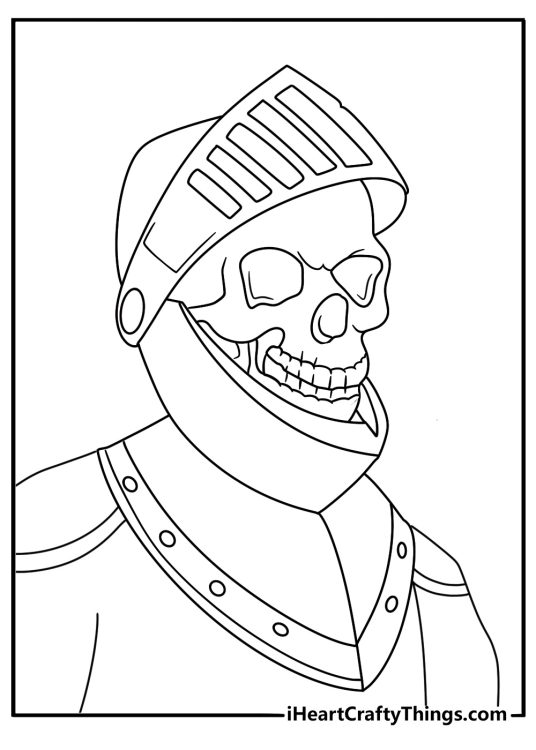 Printable skeleton coloring sheet featuring a skeleton wearing a knight helmet