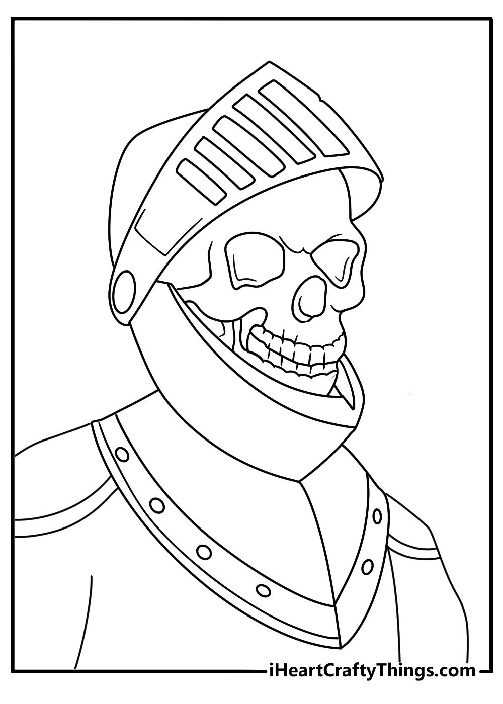Printable skeleton coloring sheet featuring a skeleton wearing a knight helmet