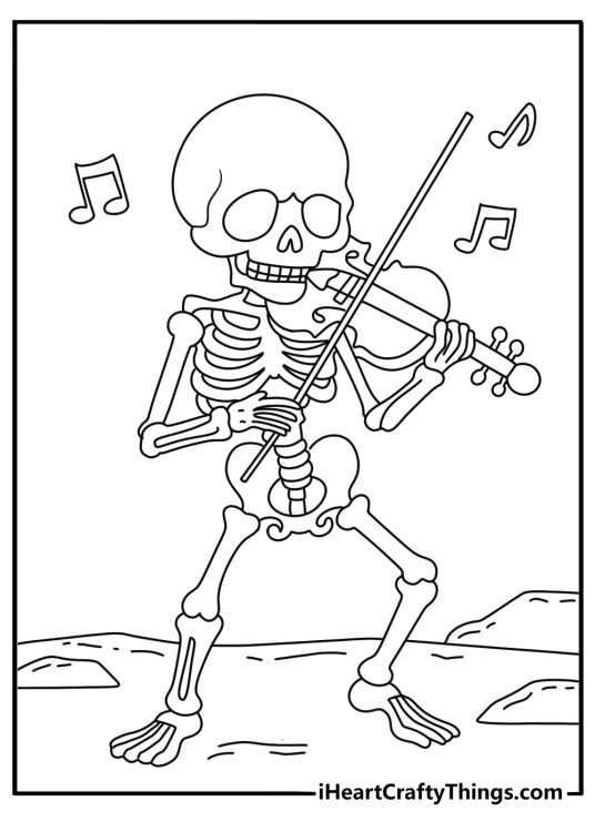 Printable skeleton page showing a skeleton playing a violin