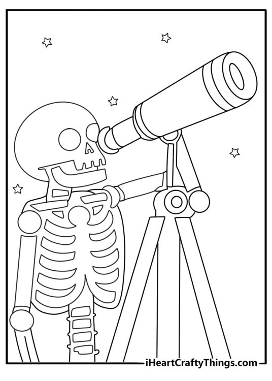 Printable skeleton sheet showing a skeleton looking through a telescope
