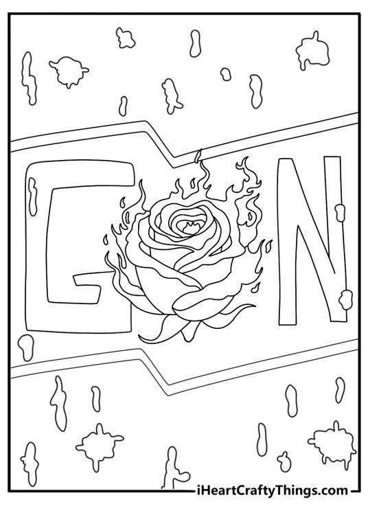 Printable street art page featuring a rose between block letters