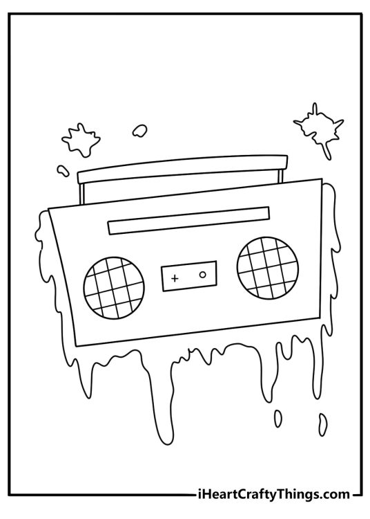 Printable urban art page with a boombox under painted tags