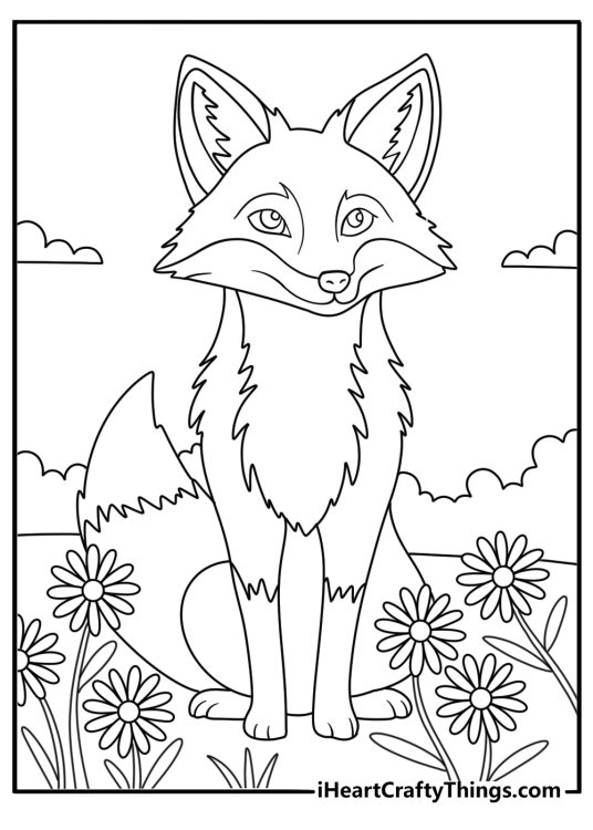 Printable wildlife coloring page featuring a fox near a field of daisies