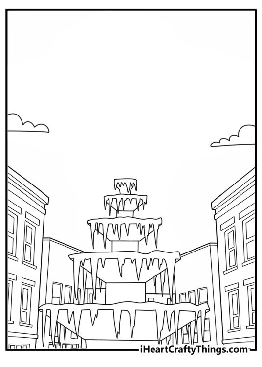 Printable winter coloring sheet featuring a frozen fountain in a town square