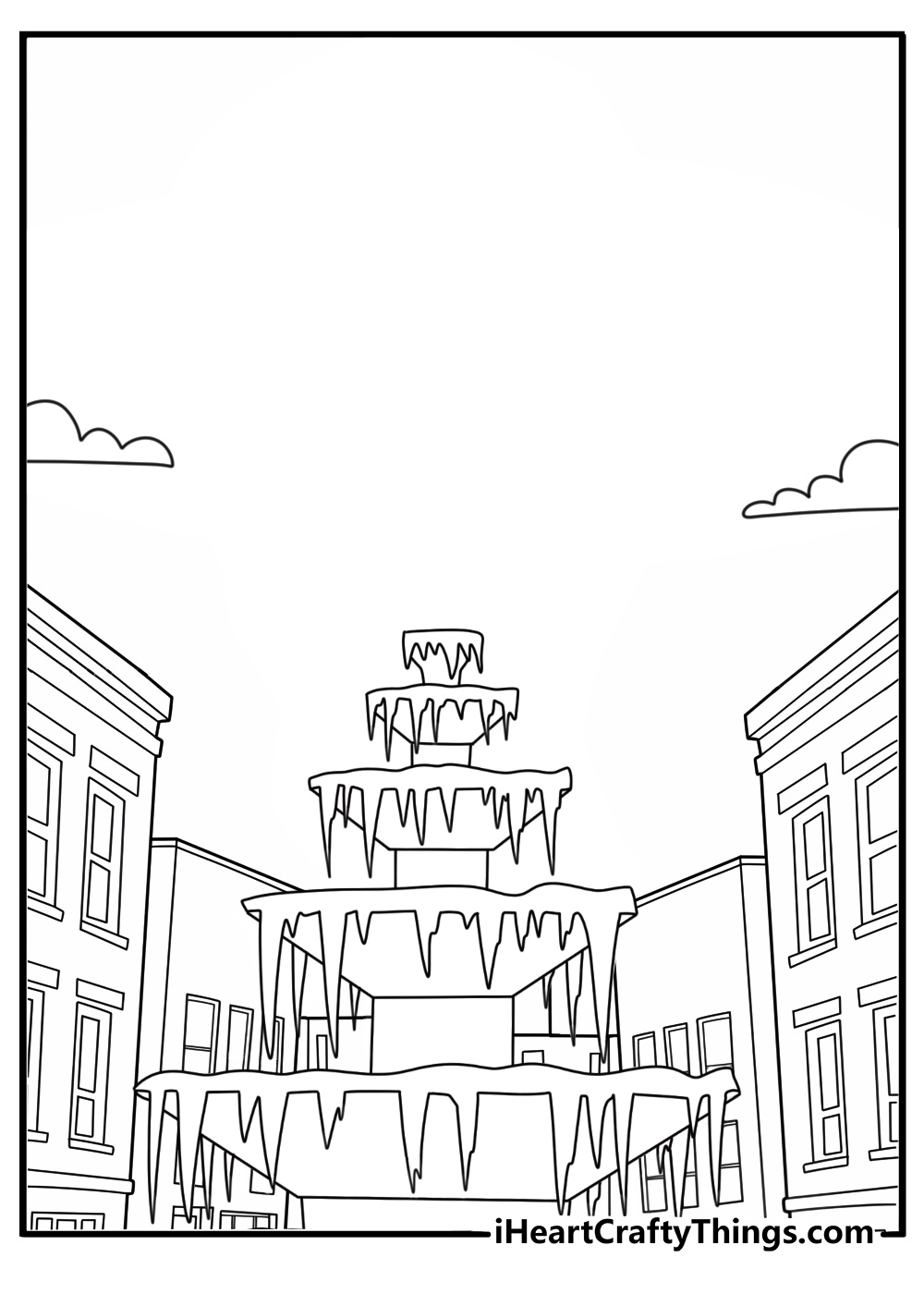 Printable winter coloring sheet featuring a frozen fountain in a town square