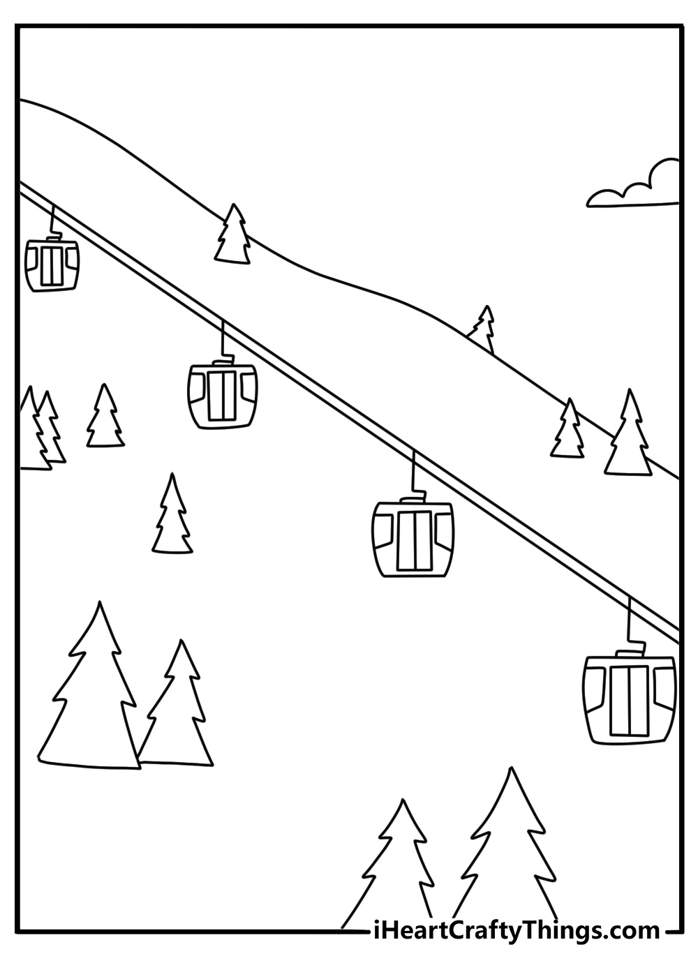Printable winter page with a ski lift climbing a mountain slope