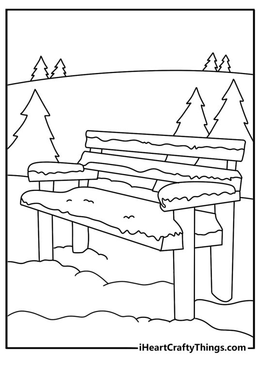 Printable winter scene showing a wooden bench covered in fresh snow