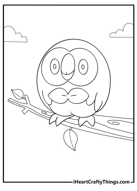 Rowlet perched on a branch winking leaf bow tie visible